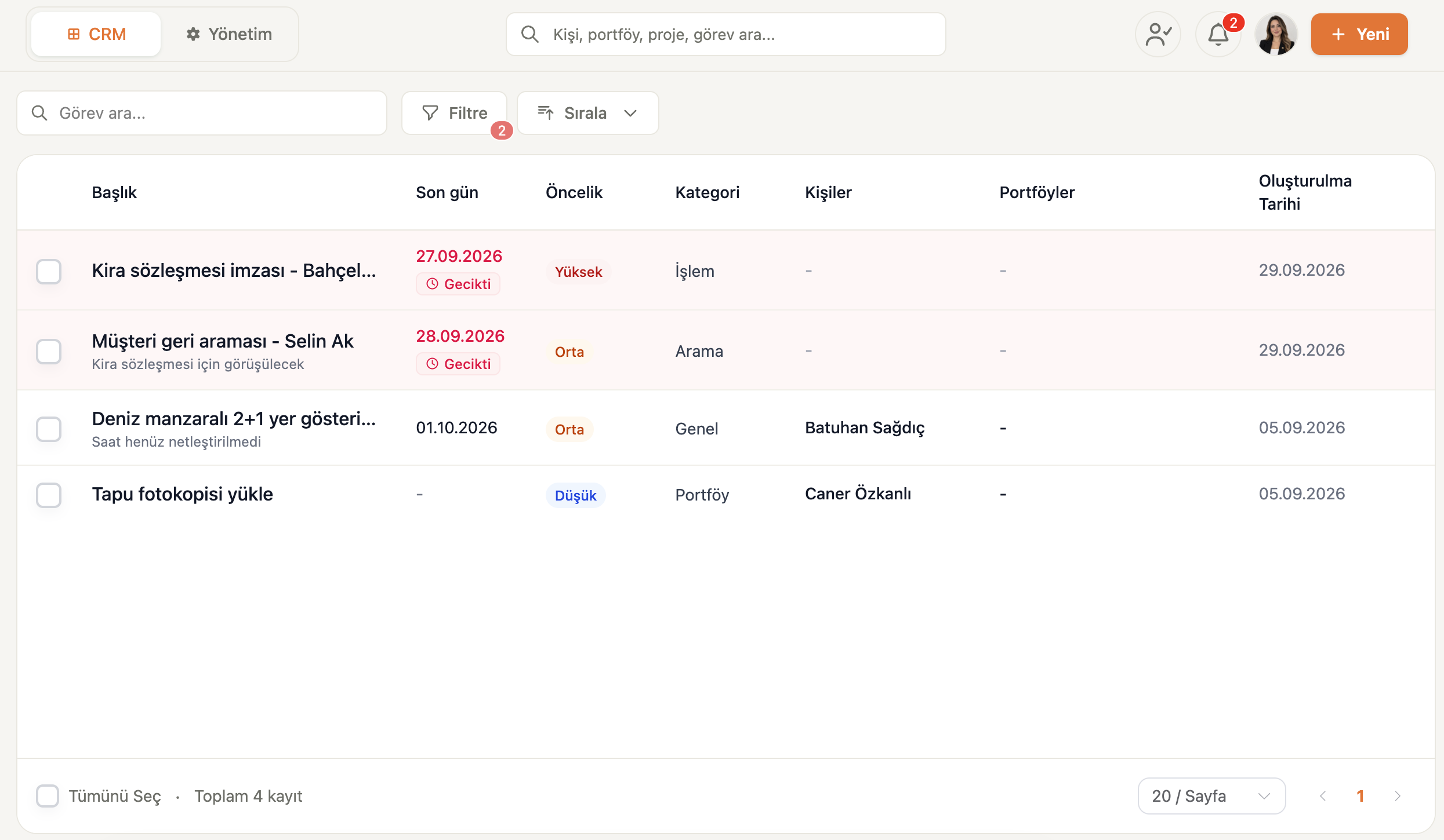 Task list with due dates, priorities, and linked contacts